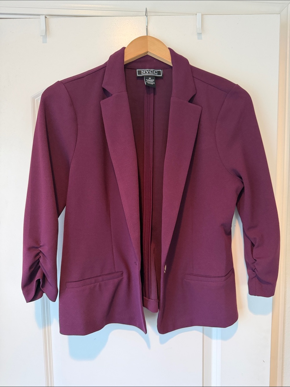 NY&C Women's Plum Open-Front Blazer with Ruched Sleeves